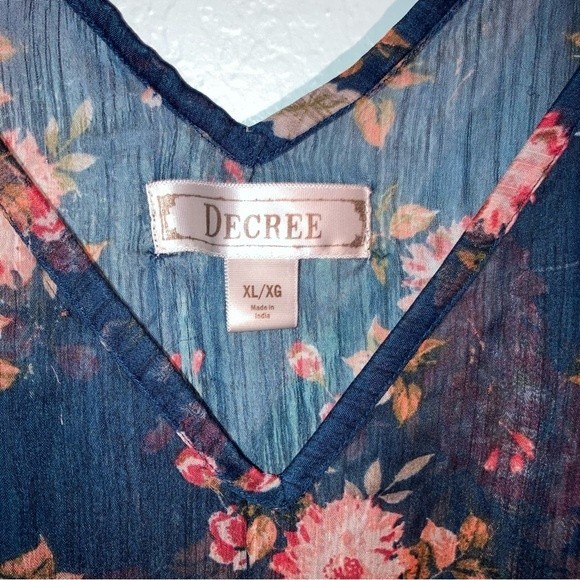 Decree Flowy Blue Floral Chiffon Tie Cinch Waist Blouse Size XL - Picture 3 of 7